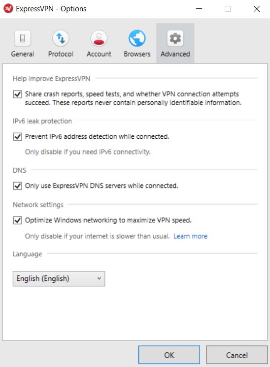 A screenshot of the ExpressVPN DNS leak protections settings screen.
