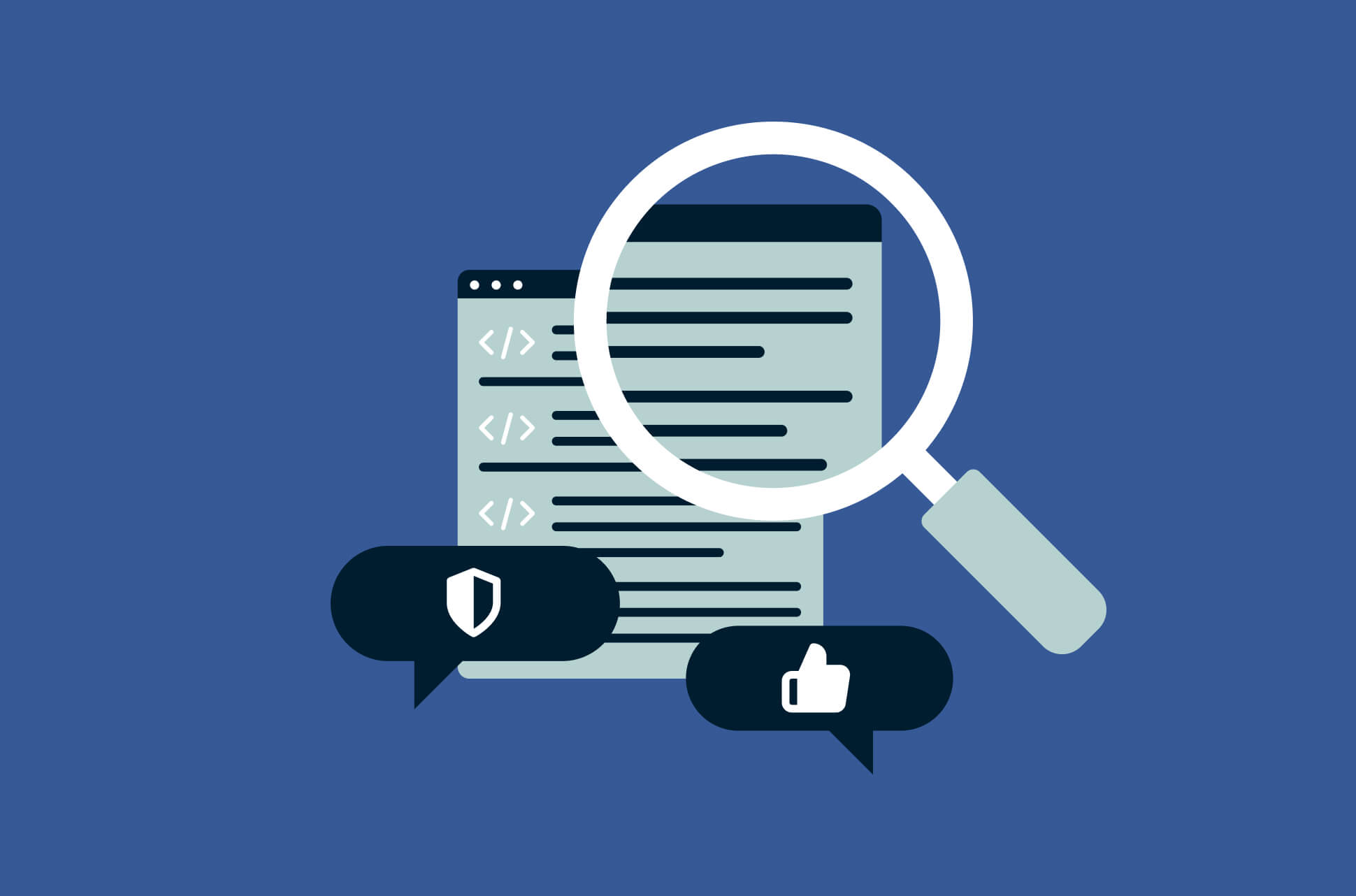 A magnifying glass over code signifying software audit.