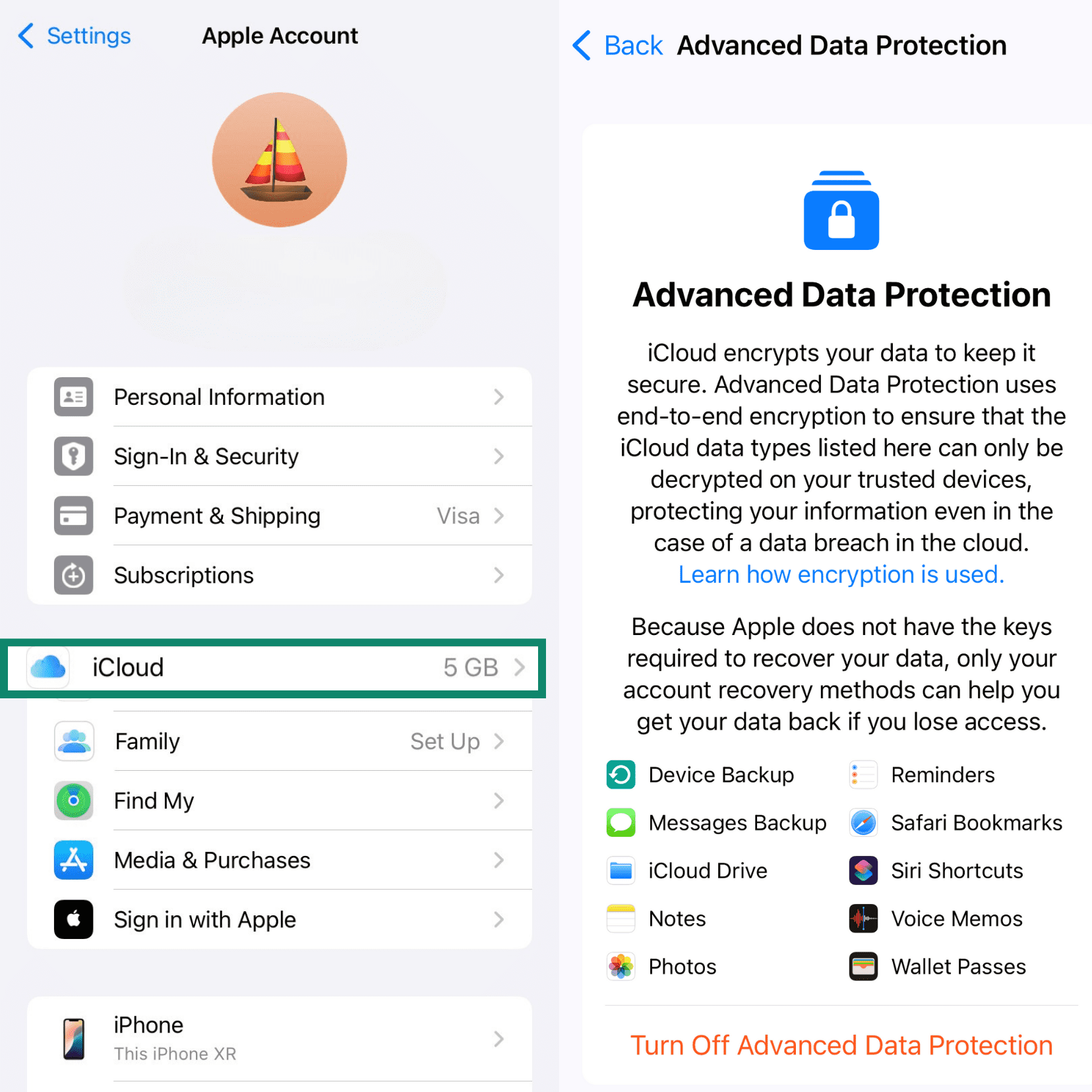 Two side-by-side iPhone screens showing the Advanced Data Protection information screens in iPhone settings. It explains that the feature provides end-to-end encryption for iCloud and lists the data types it protects, including iCloud Drive, Notes, and Photos.