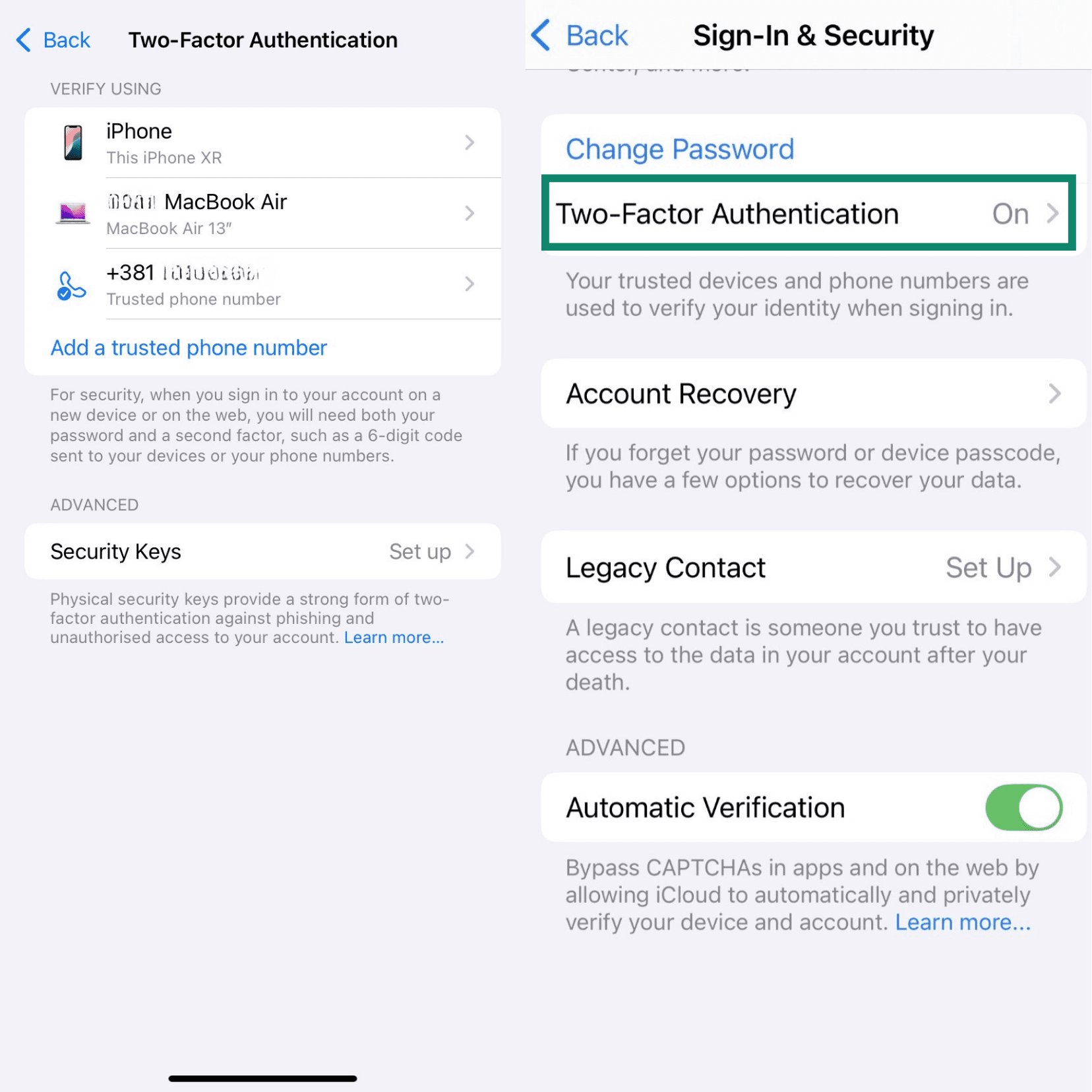 Two side-by-side Two-Factor Authentication screens for an Apple ID, showing that the feature is turned on and listing the trusted devices used for verification.