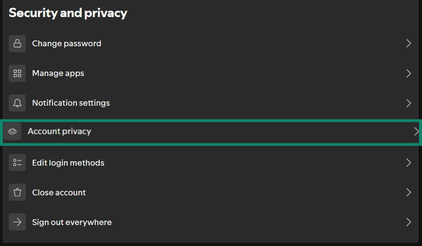 Spotify account page with Account privacy highlighted.