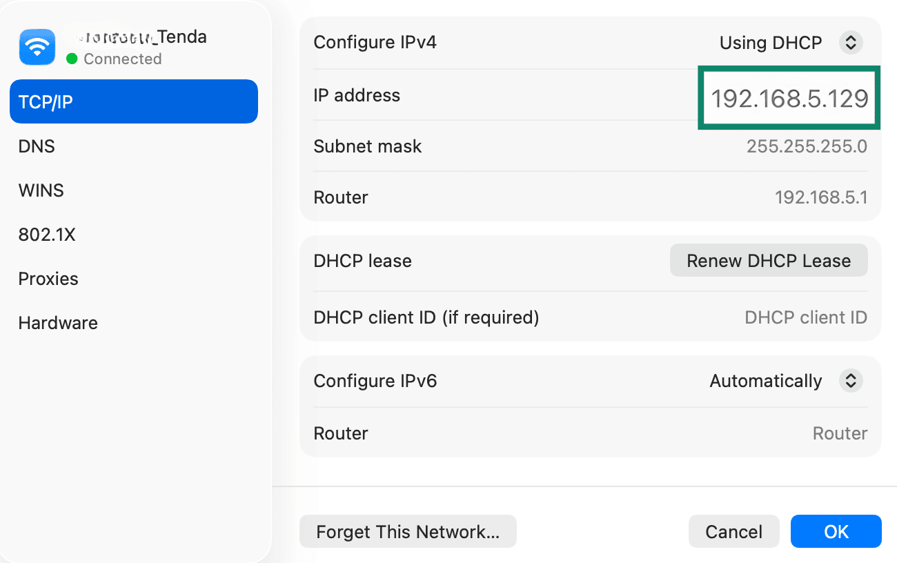 macOS TCP/IP details menu.