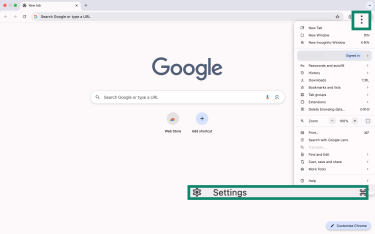 Chrome menu with Settings option highlighted.