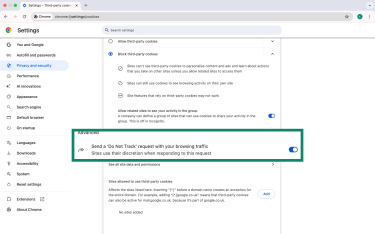 Chrome Privacy and security settings with the Do Not Track feature highlighted.
