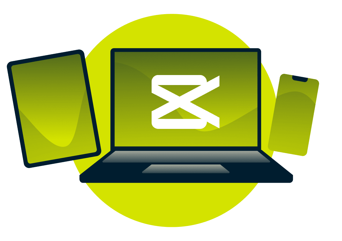 A laptop, tablet, and phone, with the CapCut logo.