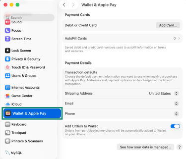 Wallet & Apple Pay menu on Mac.