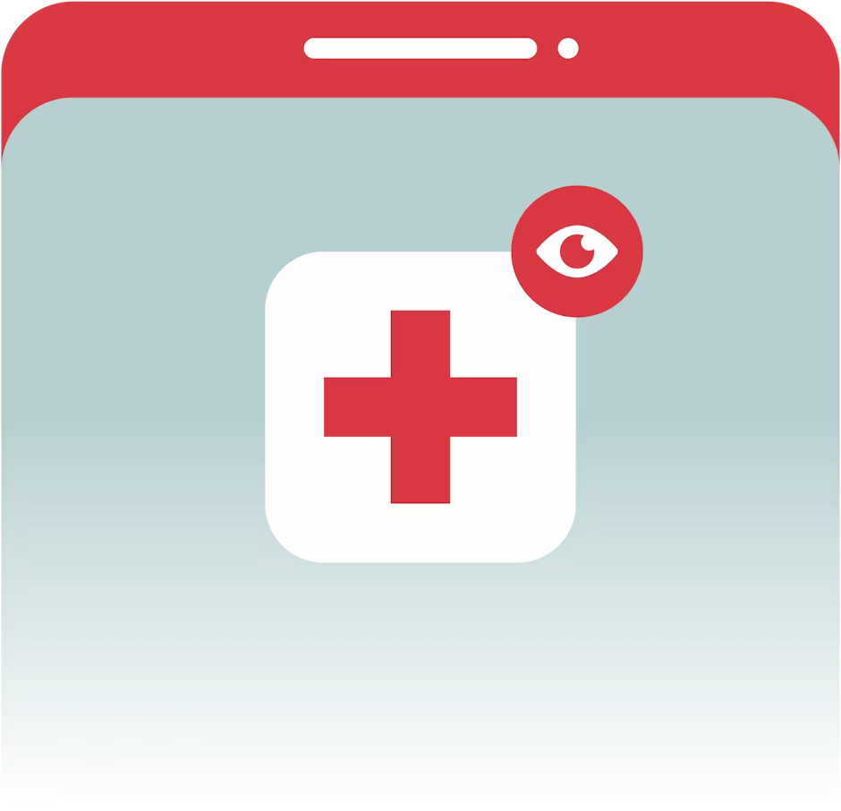 An app icon on a phone with a cross and eye.