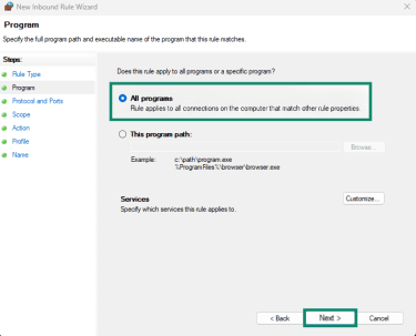 Clicking the "All programs" option in Windows Defender Firewall with Advanced Security to create a custom rule to block or limit ICMP traffic.