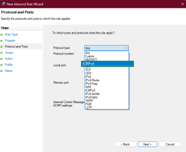 Setting "Protocol type" to ICMPv4 in Windows Defender Firewall with Advanced Security.