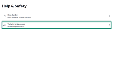 The "Help & Safety" section in the Roblox account dashboard. The "Violations & Appeals" button is highlighted.