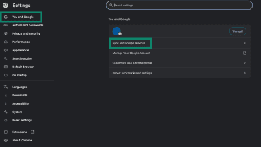 Where to find Sync and Google services in Chrome.