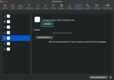 Manage and remove extensions from Safari browser