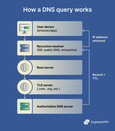 Flow diagram showing the DNS query lookup process.