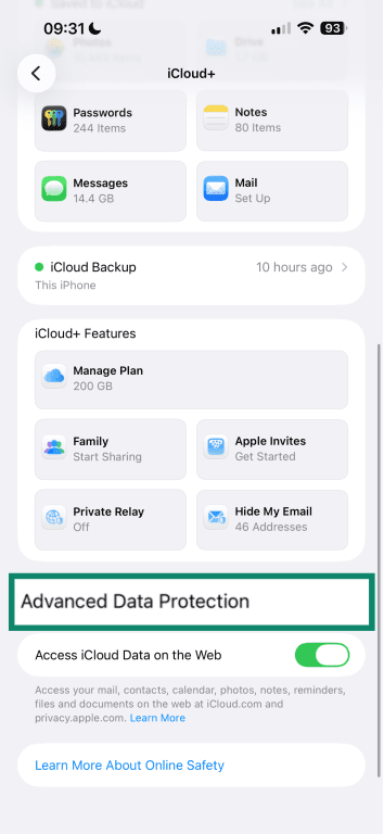 Apple Advanced Data Protection settings.
