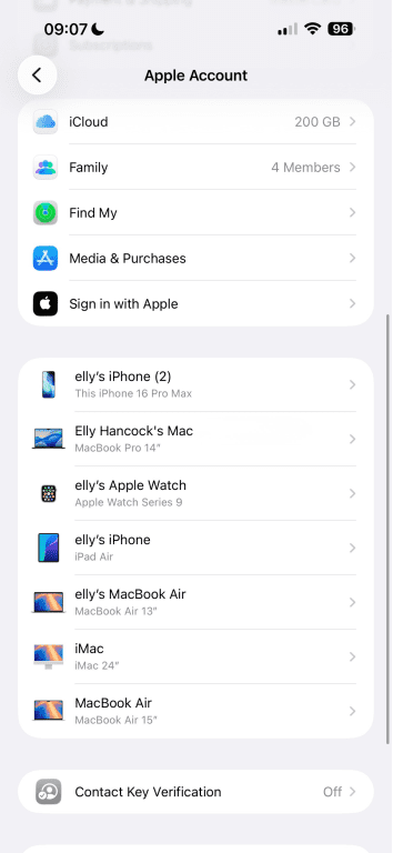 List of connected Apple devices.