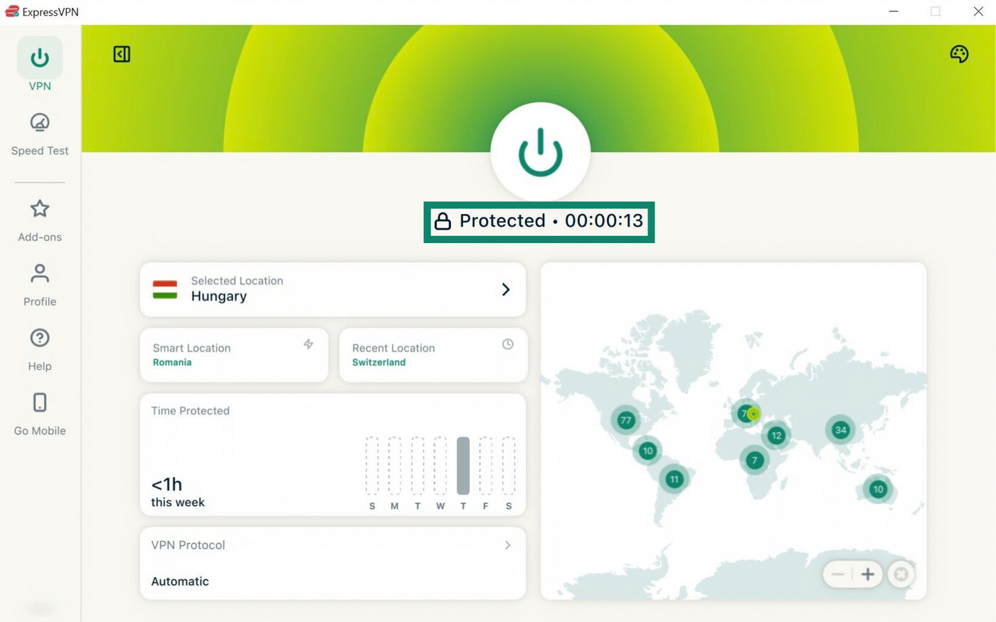 ExpressVPN Windows app interface, showing the VPN tab and a highlighted "Protected" status.
