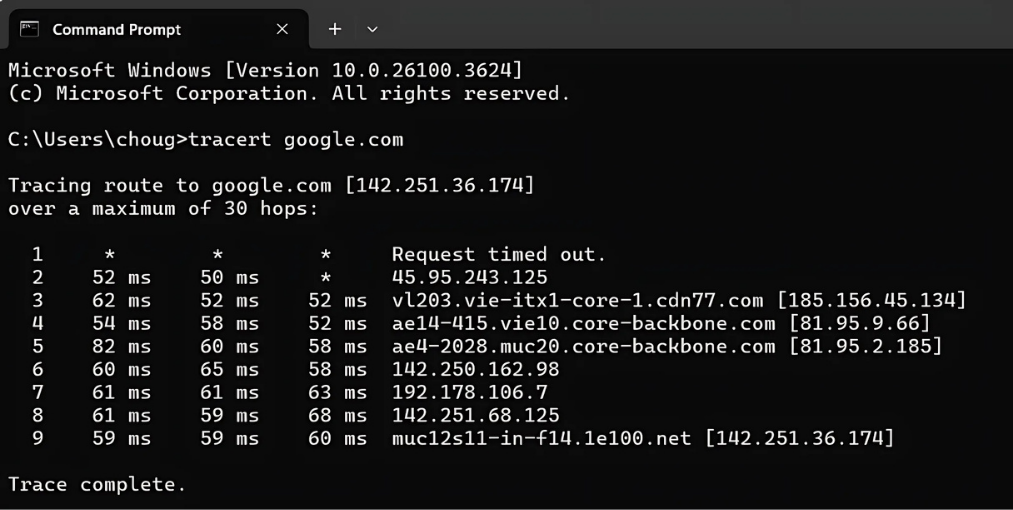 Running tracert in Command Prompt with VPN on.