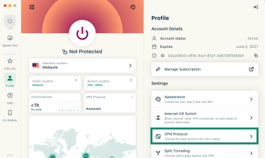 ExpressVPN macOS app interface with VPN Protocol highlighted.